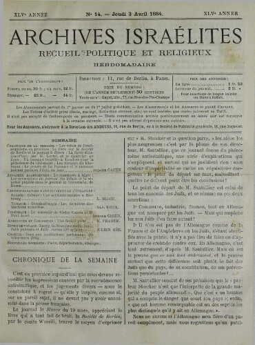 Archives israélites de France. Vol.45 N°14 (03 avr. 1884)